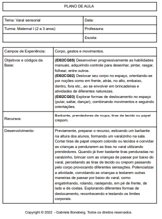 Plano de aula Varal Sensorial (apostila Jogos, desafios e brincadeiras)